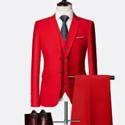 Solid Color Men's Business Casual Suit Spring and Autumn Three-piece Two-button Suit red L