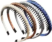 [Bloomique] 4 PCS Sharks Tooth Hair Comb Hard Headbands, Teeth Comb Wrapped Cloth Comb Hairband Wavy Plastic Non-Slip Teeth Hair Hoop Fashion Effortless Hairband (SetB, m)