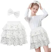 [American Trends] Girls Sparkly Sequin Skirts Toddler 3-Layers Ruffle Metallic Skirt Kids Glitter Skirt with Hairbow
