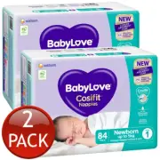 2 x Babylove Cosifit Nappies Size 1 Newborn Up To 5Kg Unisex Nappy Pads 84 Pack