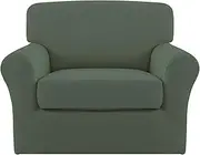 Easy-Going 2 Pieces Microfiber Stretch Chair Slipcover – Spandex Soft Fitted Sofa Couch Cover Washable Furniture Protector with Elastic Bottom Kids Pet Greyish Green