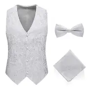 Mens 3-Piece Paisley Dress Vest, Bow Tie & Pocket Square Set White M