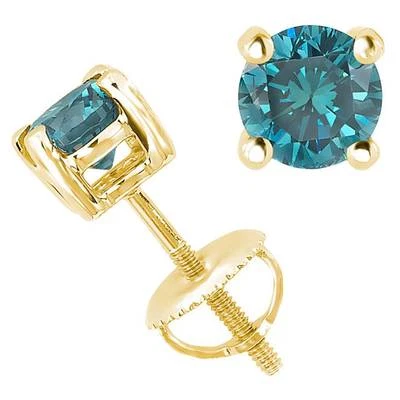 1.10CT Blue SI1-SI2 Genuine Diamond 18K Yellow Gold Men's Single Stud Earring