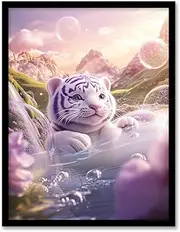 Artery8 Cute Baby White Tiger Purple Bubble Pond Fantasy Nursery Kids Bedroom Artwork Framed Wall Art Print A4
