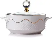 M,TOERVIOZ Ceramic Tureen Soup Bowl with Lid and Handles for Serving Salad Pasta Noodles Stew, Microwave and Dishwasher Safe, Porcelain, Round