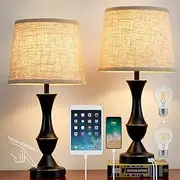 Kinsdan Table Lamps for Bedrooms, 2Pack Bedside Touch Lamp with Dual USB Charging Ports, Vintage 3 Way Dimmable Nightstand Lamps with Fabric Lampshade for Bedroom, Living Room (Bulb Included)