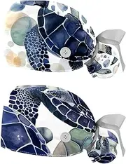 [YTYVAGT] 2-Pc,Nurse Scrub Caps,Scrub Hats with Buttons and Cotton Sweatband,Watercolor Sea Turtle