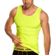 Mens Tradie 2 Pack Sizes S-2XL Cotton Tank Work Singlets Hi Vis Fluro Yellow (3S