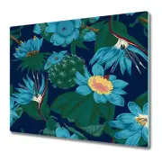 Glass Cutting Board Worktop Saver Tropical flowers blue and green 60x52