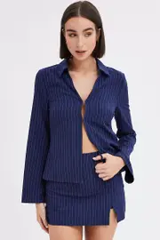 Blue Stripe Mini Skirt High Rise Pencil Side Slit - Size 14, Women's Mini Skirt