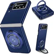 Asuwish Phone Case for Samsung Galaxy Z Flip 3 5G 2021 Cover and Magnetic Ring Holder Stand Slim Hard Hybrid Rugged Cell Accessories Protective ZFlip3 Z3 Flip3 3Z Wireless Charger Women Men Blue