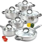 [Cook N Home] Cookware Basic Pots and Pans, 12 Piece Set, Stainless Steel Grey Silicone Handle