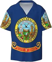 [VPPUR] Idaho State Flag Print Fashion Short Sleeve Button Down Cuban Collar Shirt Left Chest Convenient Pocket