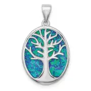 Sterling Silver Rhodium-Plated Created Opal Tree Of Life Oval Pendant