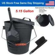 Metal Ash Bucket with Shovel Broom Fireplace Pit or Stoves 5.15 Gallon Tight Lid