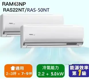 【HITACHI 日立】 一對二頂級型變頻冷暖分離式冷氣空調(RAM-63NP/RAS-22T+RAS-50NT)