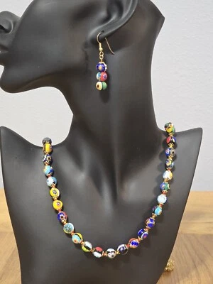 Vtg Handmade Murano Millefiori 28" Glass Necklace & Matching Venetian Earrings