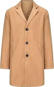 [Gsywaipei] Men's Lapel Long Trench Overcoat Wool Blend Male Single Breasted Pea Coat Slim Fit Mid-Length Classic Peacoat, Khaki, X-Large