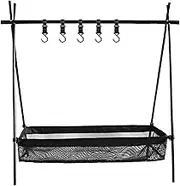 Cookware Hanging Rack with Under Net Bag Hanging Organizer Stand Support Bracket 8kg Bearing Weight Foldable Portable Campsite Storage Rack with Hooks & Mesh Basket