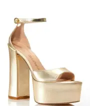 STUART WEITZMAN Womens Gold Sky High 145 Block Heel Leather Heeled Sandal 9.5