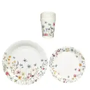 75 White Wildflower Butterfly Print Paper Plates and Cups Set Wedding Events