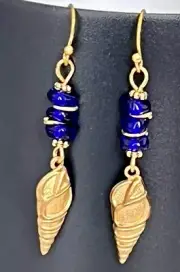 Gold Conch Shell and Cobalt Blue Bead Earrings. Boho Chic. Ocean. Beach.