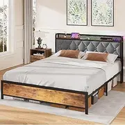 ADVWIN Double Size Bed Frame, Storage Headboard with Led & Charging Station, Industrial Upholstered Platform Bed with Metal Mattress Base Support, No Box Spring Needed, Rustic Brown & Gray (Double)