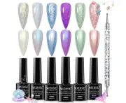 MIZHSE Cat Eye Gel Nail Polish, 8 Colors Smoothie Magnetic Gel Polish Kit with Magnet Stick, Holographic Glitter Galaxy Winter Colors Silver Purple Pink So