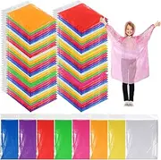 [Berlune] 80 Pcs Disposable Rain Ponchos for Kids Bulk Thicker Emergency Plastic Raincoats with Drawstring Hood Elastic Sleeves