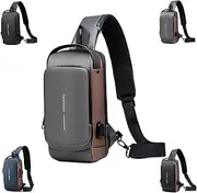 [bulesky] Sling Bag, New Men's Messenger Bag Anti-Theft Lock Zipper, PU Leather Shoulder Bag with USB Charging Port