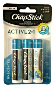 ChapStick Active 2 in 1 Lip Balm 3 Tubes SPF25 Unscented Mineral Based 0.18 oz