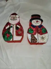 Vintage Red Satin and Sequined Santa Claus and Snowman Nesting Boxes