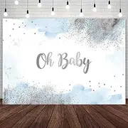 AIBIIN 7x5ft Oh Baby Backdrop for Boys Pastel Watercolor Baby Shower Photography Background Blue Clouds Silver Glitter Baby Shower Party Decorations Cake Table Banner Supplies Photo Studio Props