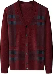 [SWJGLITTR] Men V Neck Sweater Cardigan Buttons Argyle Pattern Mens Cardigans Wool Blend Cable Knit Sweaters Jacket, A2 Wine Red, Large