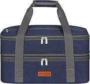 PFFVRP Insulated Double Decker Casserole Carrier for Hot or Cold Food, Expandable Food Carrier for Potluck Parties, Picnic, Cookouts, Fits 11 x 15 or 9 x 13 Lasagna Pan, Baking Dish（Blue）