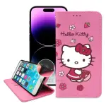 【SANRIO 三麗鷗】IPHONE 14 PRO 6.1吋 HELLO KITTY 櫻花吊繩款彩繪側掀皮套