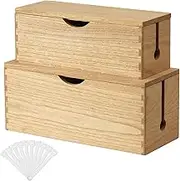 Kirigen Wood Cable Management Box - Cord Organizer Hide Power Strips/Electrical Plugs - Conceal and Cover Wires Station on Desks from TVs/Computers for Home Office Set of 2 (Natural)