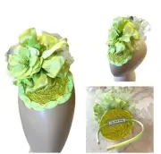 New Kentucky Derby Fascinator Headband Lime Green Flowers Ribbon Beaded Hat