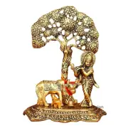 Metal Lord Krishna with Kamdhenu Cow Calf Under a Tree ( Size: 15 X 11.5 cm )