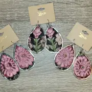 Pink Cottage Floral Embroidered Elegance Silver Teardrop Earring