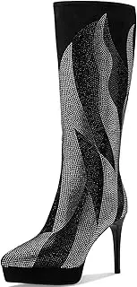 [TDD] Black Knee High Boots Women High Heel Wide Calf Tall Thigh High Cowboy Cowgirl Winter Botas Para Mujer Chunky Block Western Waterproof Rain Snow Comfortable Shoes