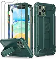 ORETech Designed for iPhone 11 Pro Case with [2 x Tempered Glass Screen Protectors] [Built-in Kickstand] Shockproof iPhone 11 Pro Case 360° Full Body Protective Silicone TPU Bumper Cover - Green