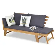 Costway Outdoor Acacia Wood Sun Lounge Sofa Day Bed w/Adjustable Armrest & Cushions Garden Yard, Grey