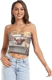 [RPLIFE] Highland Cow in Bathtub Crop Top, Strapless Top Going Out, Mesh Tube Tops, Sexy Tube Tops (S)