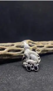 Handmade Native American Navajo Black Onyx wolf Sterling Silver Ring Size 9.5
