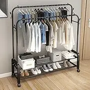 Uandhome Clothes Rail, Heavy Duty Freestanding Hanger Metal Clothes Rack, Double-Rail Garment Rack with Shelves Minimalism Coat Rack Shoes Rackand 4 Hooks, Multifunctional Bedroom Clothes Stand