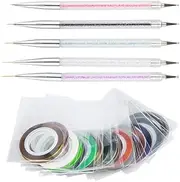 5 Pack Nail Art Liner Brushes,DanziX Dual-ended Painting Nail Design Brush Pen Nail Liner Brushes and Dotting Drawing Pen with 30 Pack Multicolor Mixed Rolls Striping Tape Line Decoration Sticker