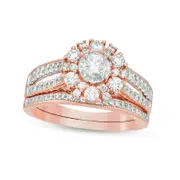1.0 CT. T.W. Natural Diamond Flower Frame Antique Vintage-Style Bridal Engagement Ring Set in Solid 10K Rose Gold