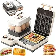 4-in-1 Breakfast Maker, 1200W Electric Breakfast Station with 1.2L Steamer, 4 Interchangeable Non-Stick Plates, Timer, Double Knob Control, Multifunctional Waffle Makers for Kitchen