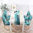 Turquoise Chair Covers Set of 4 and Table Runner,Stretch Grey Chair Slipcovers f